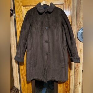 Land’s End Brown Faux Suede Coat with Shearling Trim